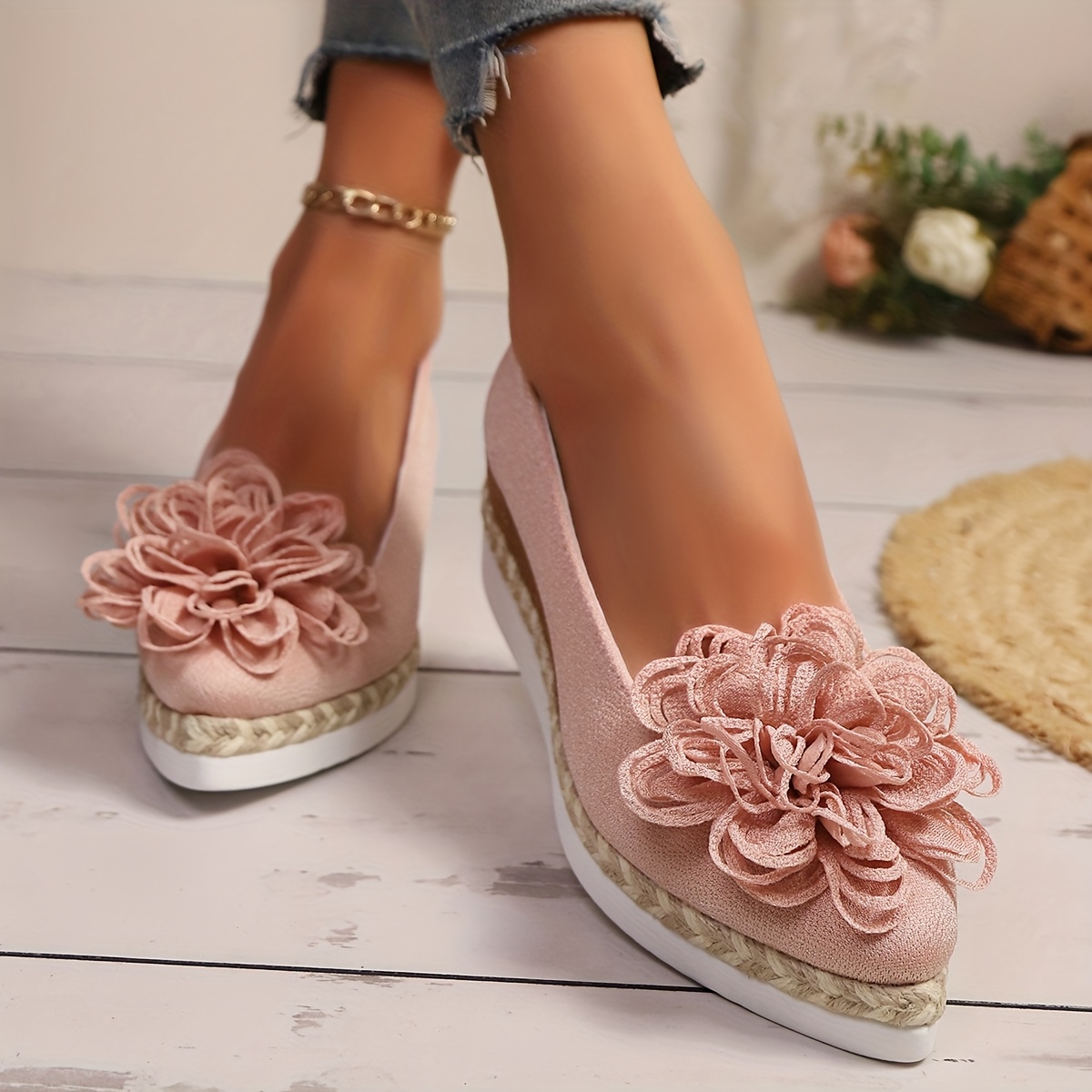 Women's Beige Espadrille Wedge Shoes with Floral Accent - Non-Slip, Lightweight PU Sole, Comfortable PVC Inner Lining, Fashionable Pointed Toe Design, Cute Shoes