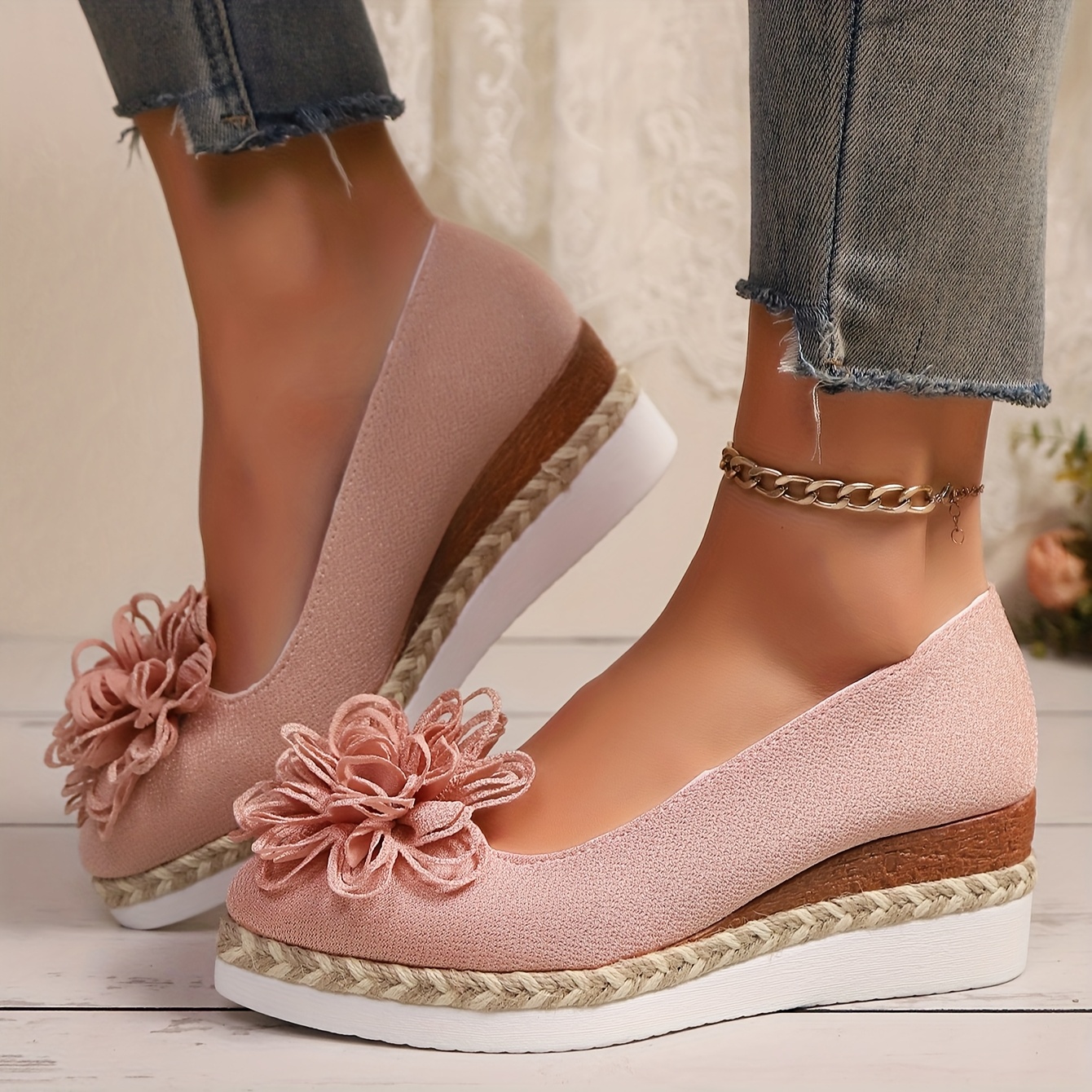 Women's Beige Espadrille Wedge Shoes with Floral Accent - Non-Slip, Lightweight PU Sole, Comfortable PVC Inner Lining, Fashionable Pointed Toe Design, Cute Shoes