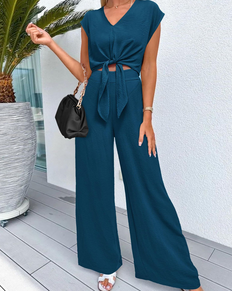 V-Neck Lace-Up Wide-Leg Pants Set