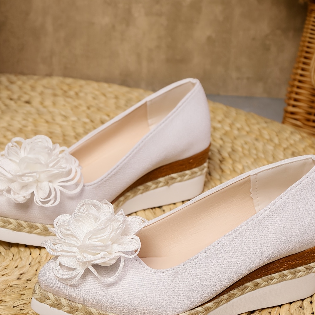 Women's Beige Espadrille Wedge Shoes with Floral Accent - Non-Slip, Lightweight PU Sole, Comfortable PVC Inner Lining, Fashionable Pointed Toe Design, Cute Shoes