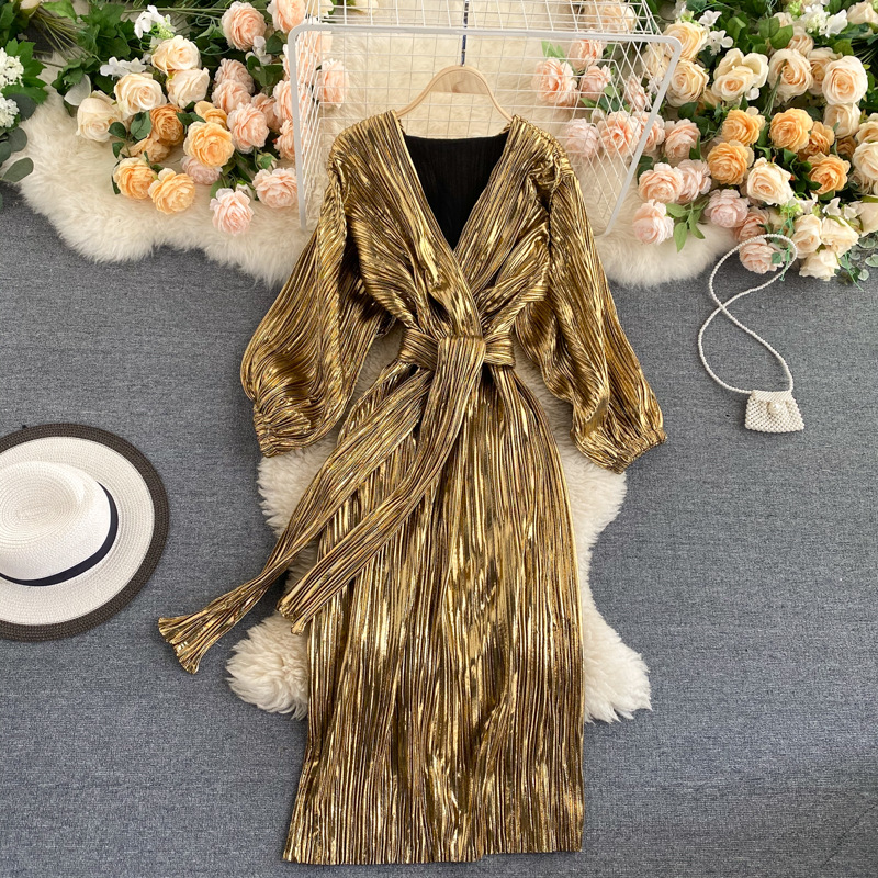 Long Sleeve Belted Glossy Maxi Dress Flaxmaker