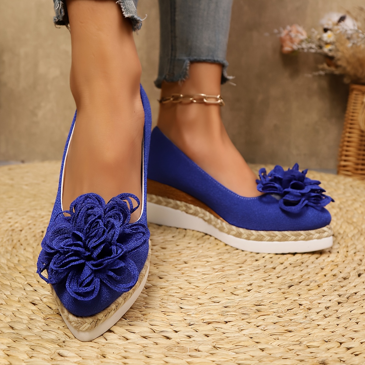 Women's Beige Espadrille Wedge Shoes with Floral Accent - Non-Slip, Lightweight PU Sole, Comfortable PVC Inner Lining, Fashionable Pointed Toe Design, Cute Shoes