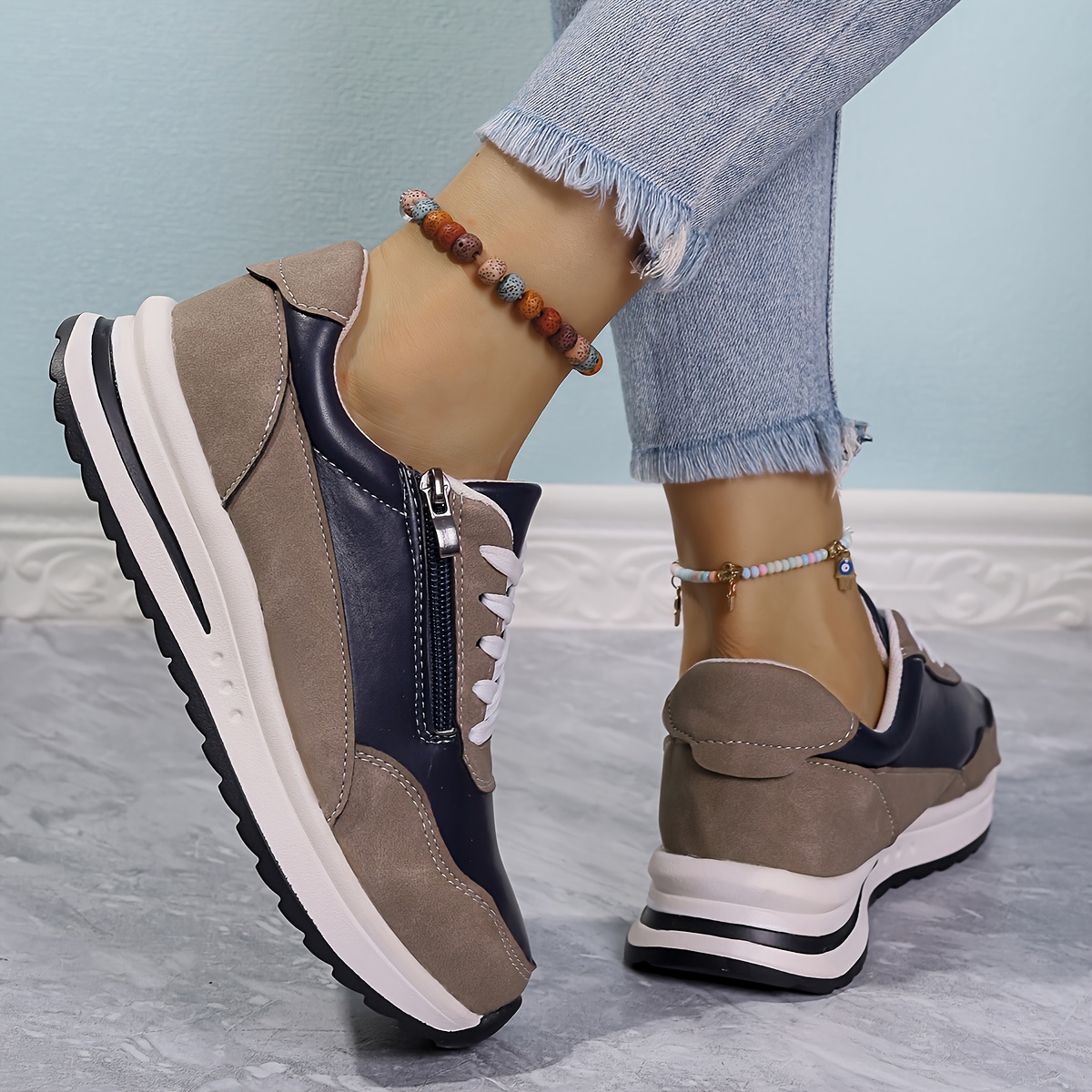Women's Fashion Sneakers with Side Zipper - Comfortable, Non-Slip Thick Sole Casual Shoes for All Seasons