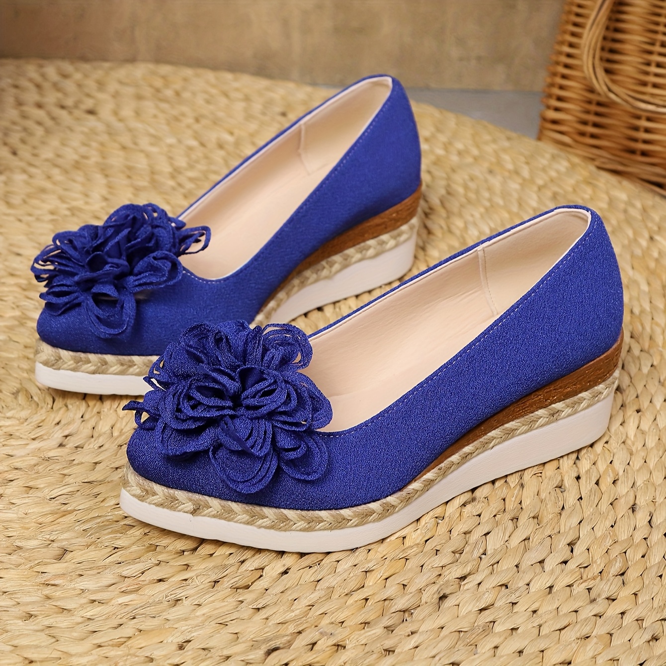 Women's Beige Espadrille Wedge Shoes with Floral Accent - Non-Slip, Lightweight PU Sole, Comfortable PVC Inner Lining, Fashionable Pointed Toe Design, Cute Shoes