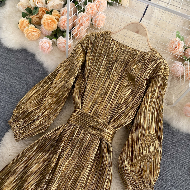 Long Sleeve Belted Glossy Maxi Dress Flaxmaker