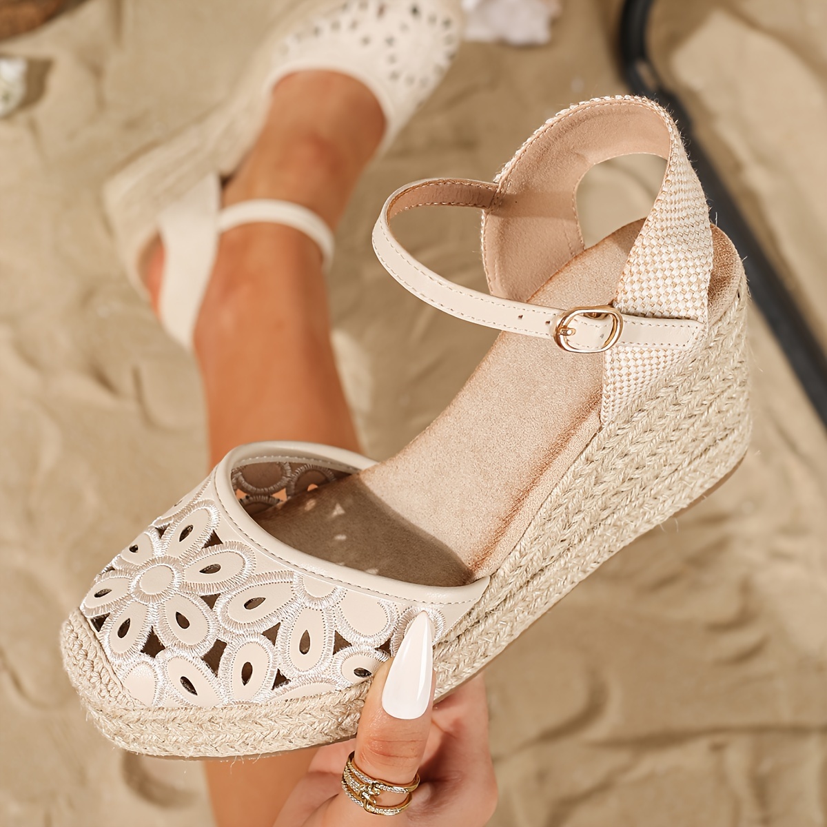 Women's Floral Espadrille Wedge Sandals - Casual Vacation Style with Ankle Strap, White Cut-Out Design, Round Toe, and TPR Sole for Spring Outings, Ladies Sandals