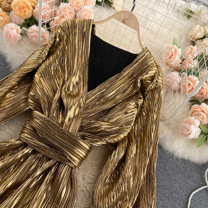 Long Sleeve Belted Glossy Maxi Dress Flaxmaker