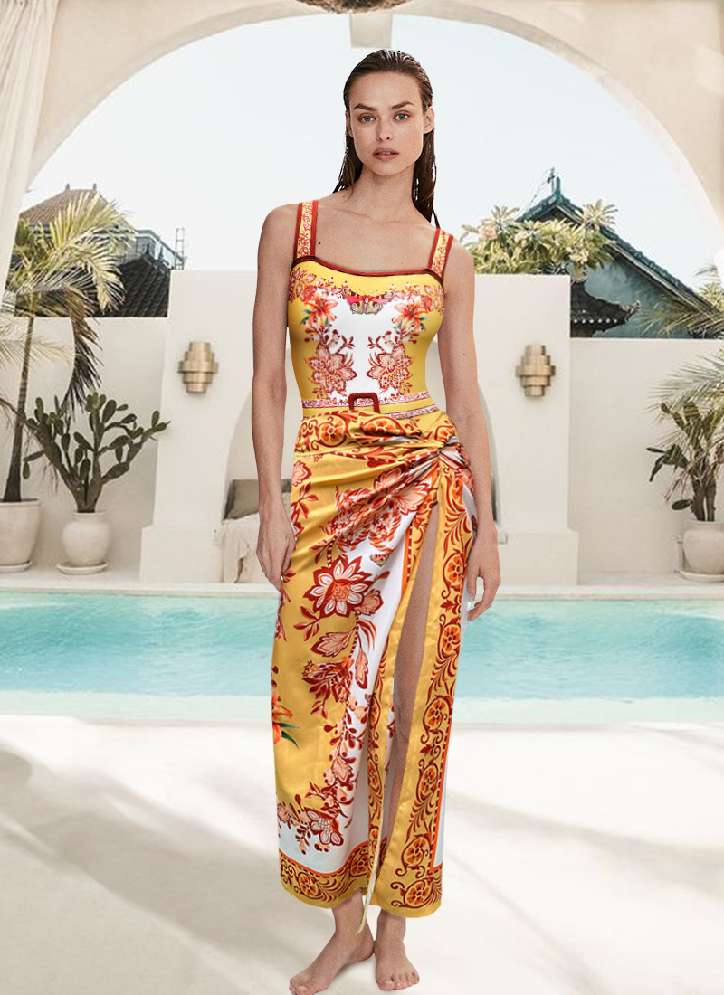Sling Creative Flower Butterfly Lily Print One Piece Swimsuit and Sarong or Pants