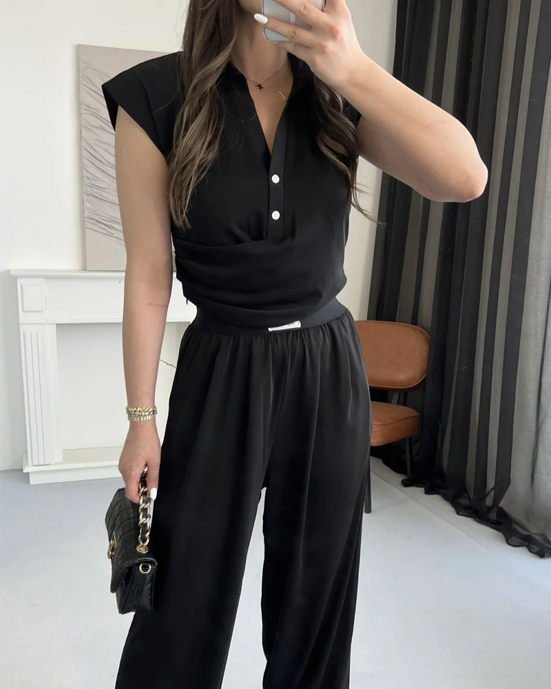 Solid Commuter Lappel Top & Pants Two-Piece Set