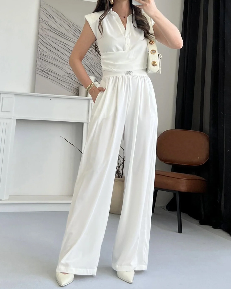 Solid Commuter Lappel Top & Pants Two-Piece Set