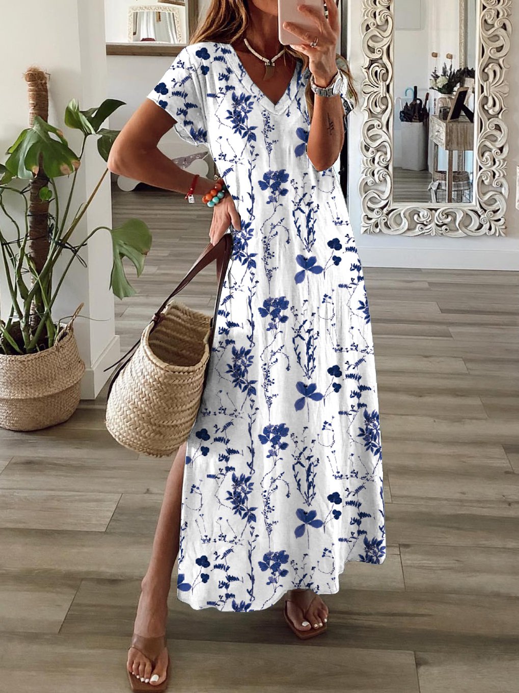 Women's Shift Dress Short Maxi Dress Short Sleeve Floral Print Summer Fall V Neck Casual Geometric Printed Dress