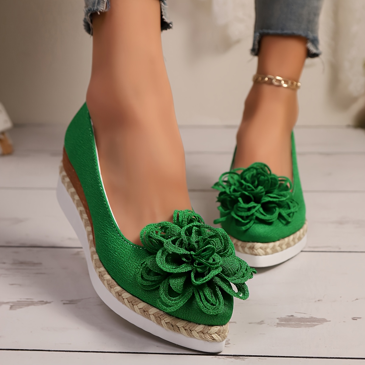 Women's Beige Espadrille Wedge Shoes with Floral Accent - Non-Slip, Lightweight PU Sole, Comfortable PVC Inner Lining, Fashionable Pointed Toe Design, Cute Shoes