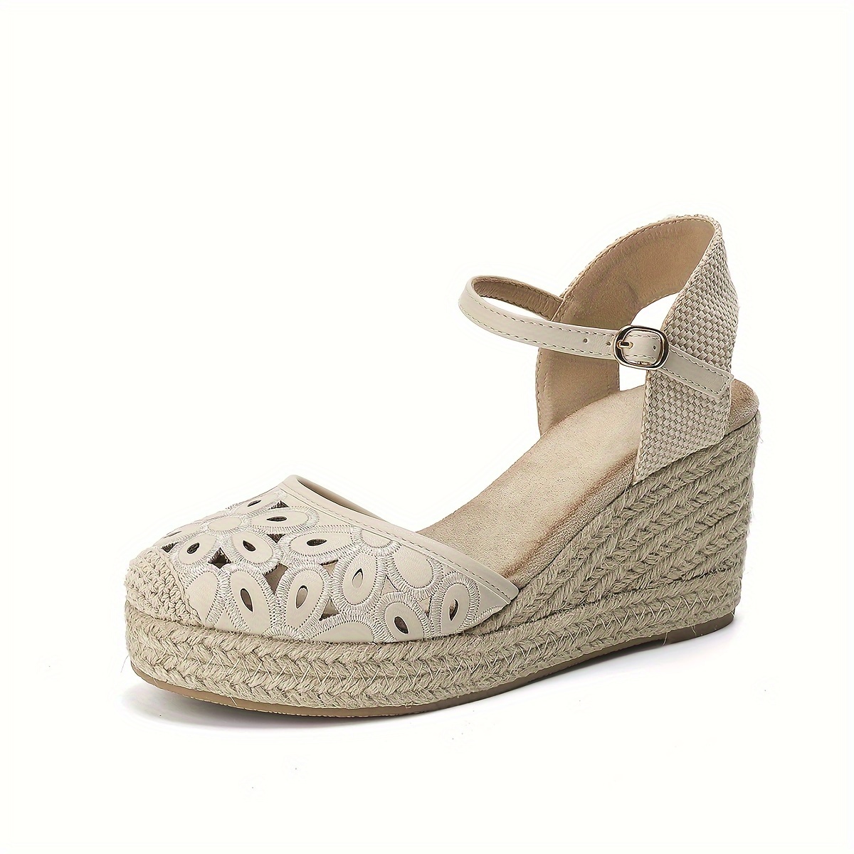 Women's Floral Espadrille Wedge Sandals - Casual Vacation Style with Ankle Strap, White Cut-Out Design, Round Toe, and TPR Sole for Spring Outings, Ladies Sandals