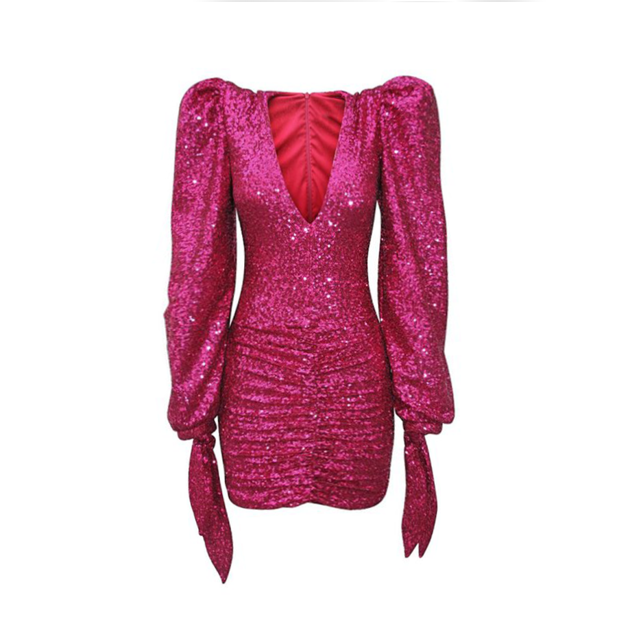 Deep V Pleated Sexy Sequin Shiny Dress