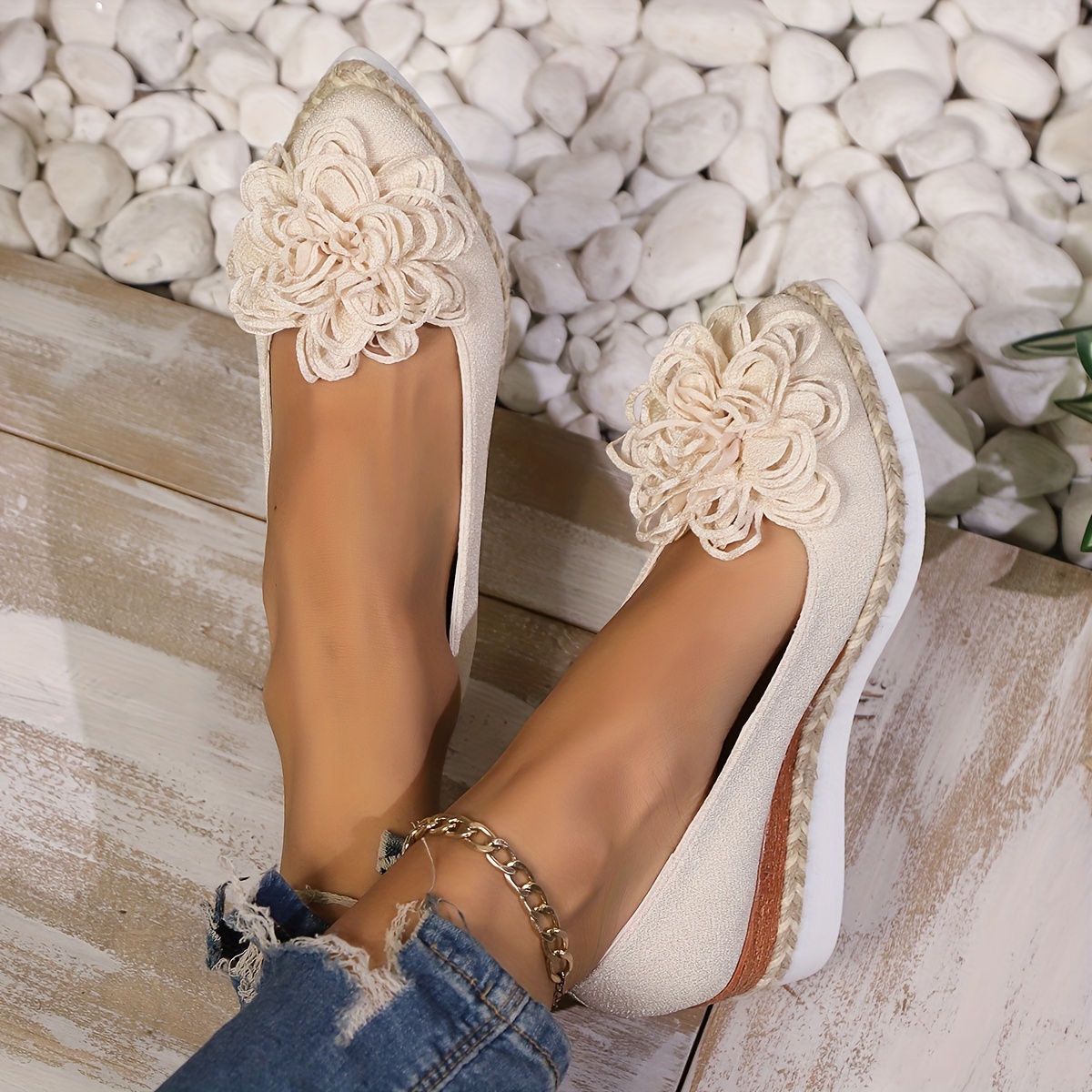 Women's Beige Espadrille Wedge Shoes with Floral Accent - Non-Slip, Lightweight PU Sole, Comfortable PVC Inner Lining, Fashionable Pointed Toe Design, Cute Shoes
