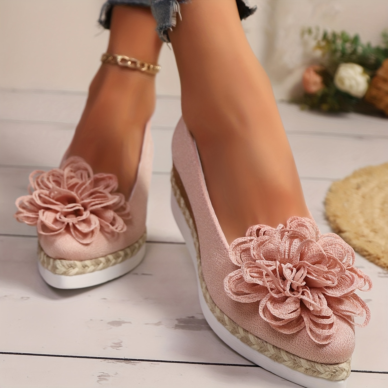 Women's Beige Espadrille Wedge Shoes with Floral Accent - Non-Slip, Lightweight PU Sole, Comfortable PVC Inner Lining, Fashionable Pointed Toe Design, Cute Shoes