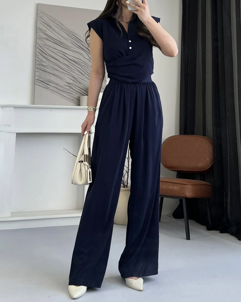 Solid Commuter Lappel Top & Pants Two-Piece Set