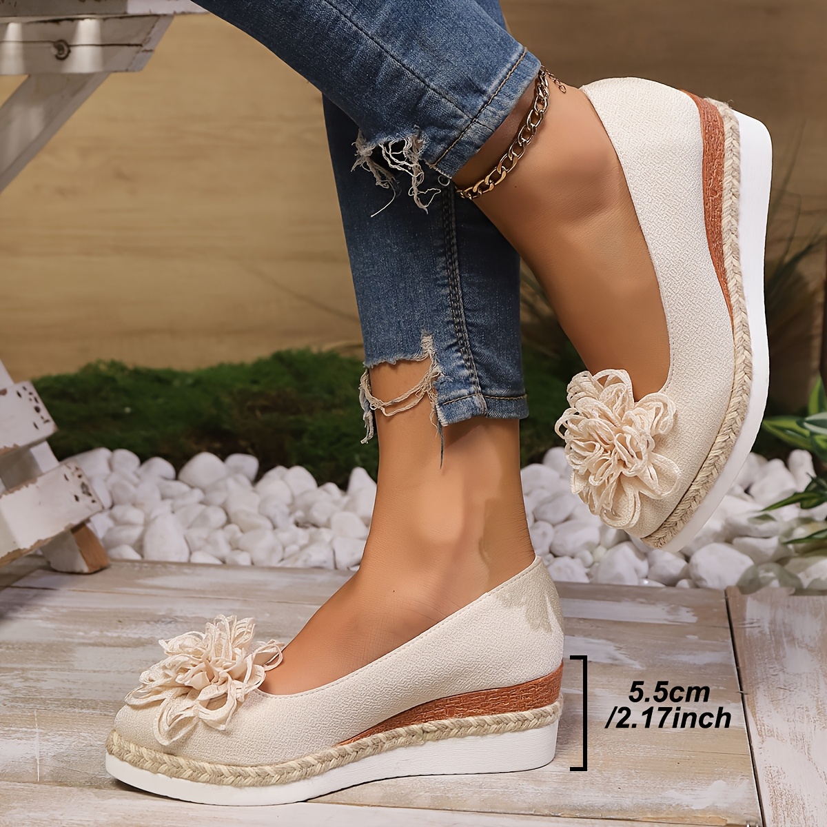 Women's Beige Espadrille Wedge Shoes with Floral Accent - Non-Slip, Lightweight PU Sole, Comfortable PVC Inner Lining, Fashionable Pointed Toe Design, Cute Shoes