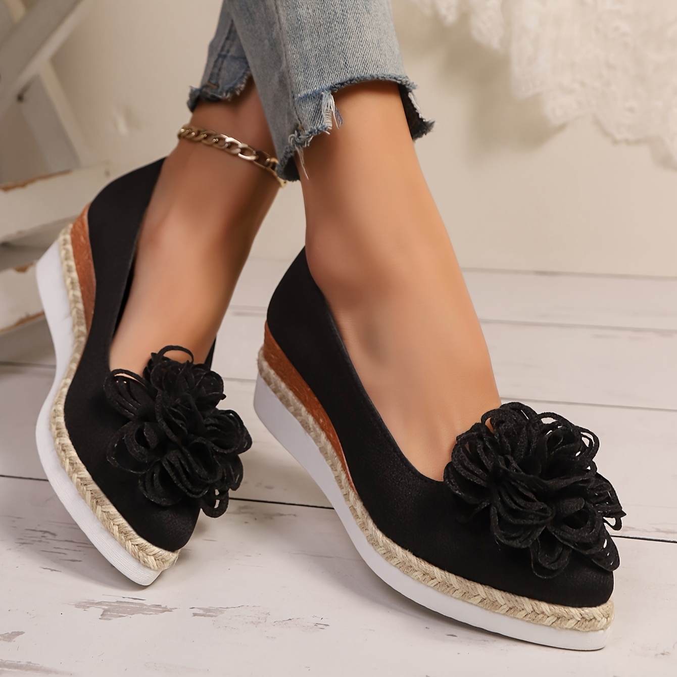 Women's Beige Espadrille Wedge Shoes with Floral Accent - Non-Slip, Lightweight PU Sole, Comfortable PVC Inner Lining, Fashionable Pointed Toe Design, Cute Shoes