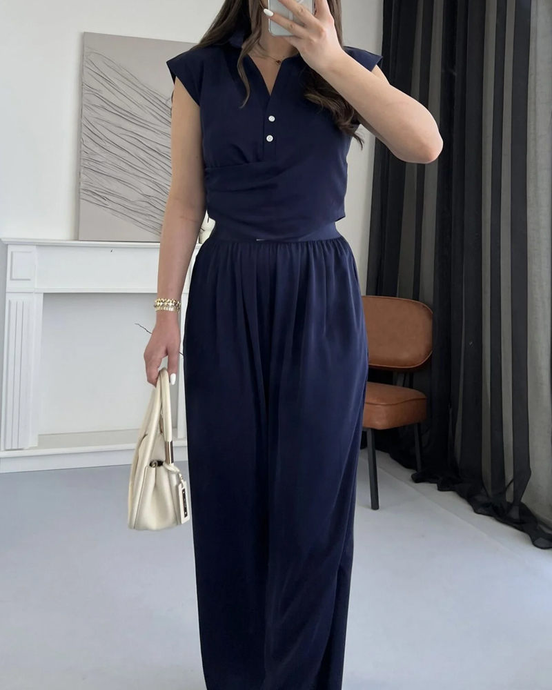 Solid Commuter Lappel Top & Pants Two-Piece Set