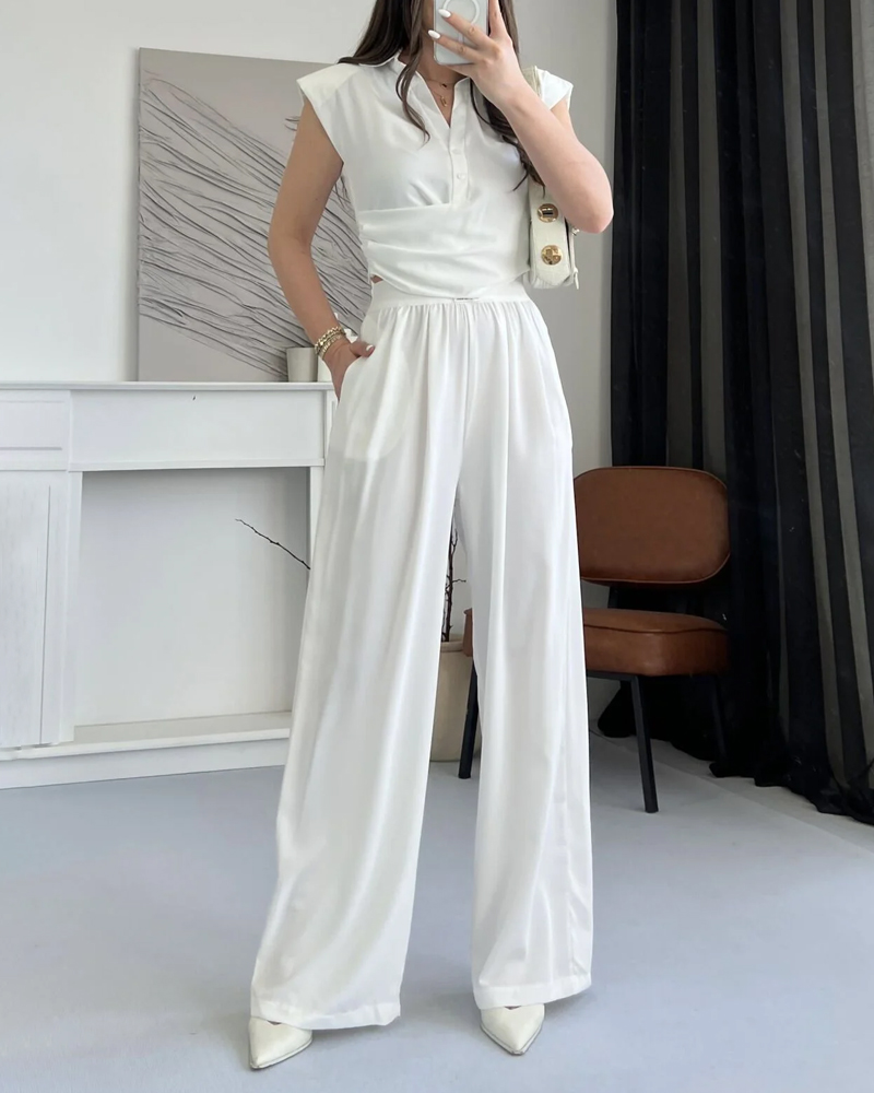 Solid Commuter Lappel Top & Pants Two-Piece Set