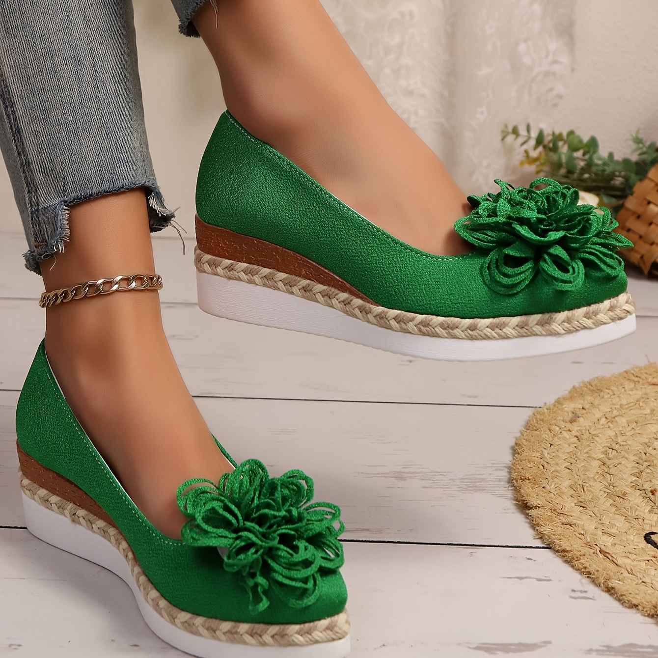 Women's Beige Espadrille Wedge Shoes with Floral Accent - Non-Slip, Lightweight PU Sole, Comfortable PVC Inner Lining, Fashionable Pointed Toe Design, Cute Shoes