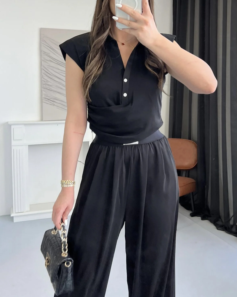 Solid Commuter Lappel Top & Pants Two-Piece Set