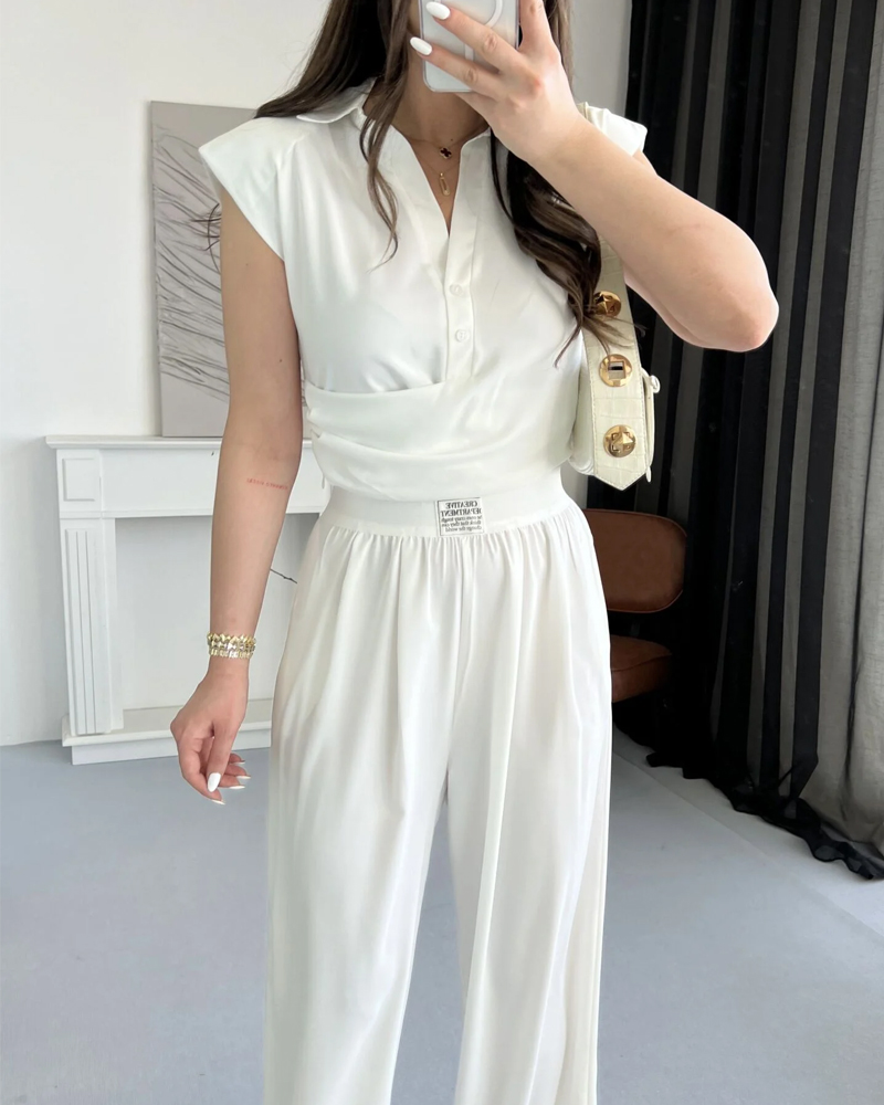 Solid Commuter Lappel Top & Pants Two-Piece Set