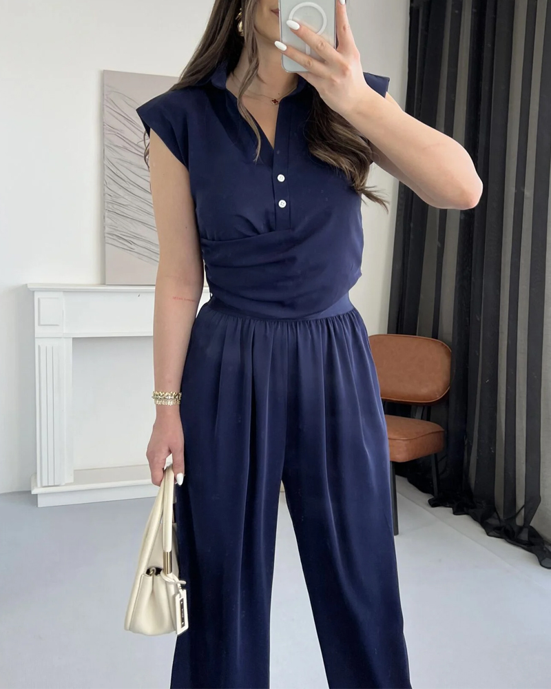 Solid Commuter Lappel Top & Pants Two-Piece Set