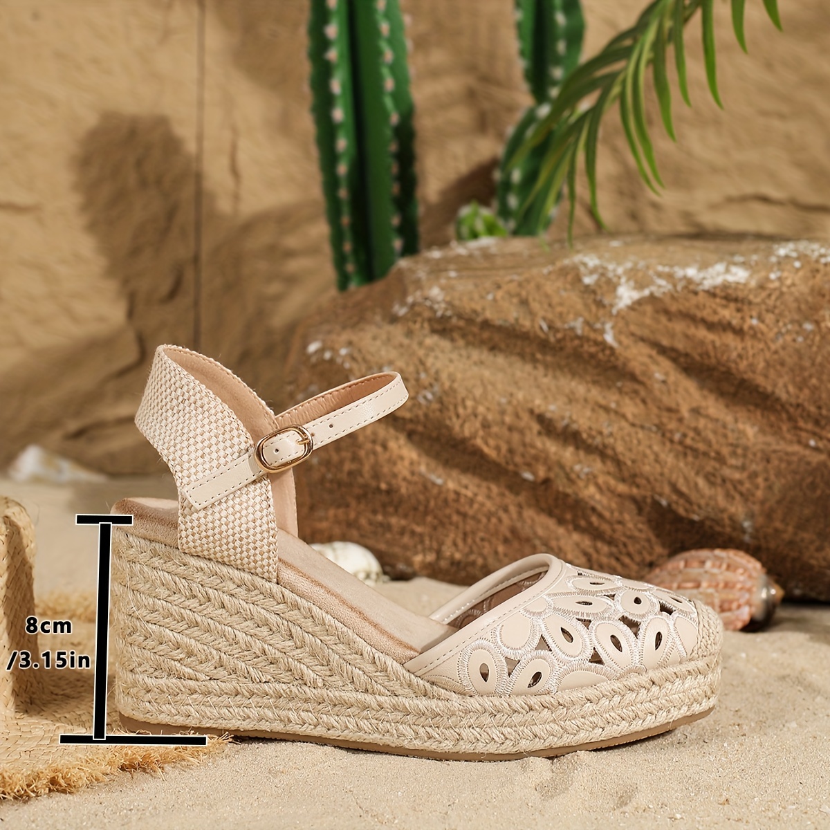 Women's Floral Espadrille Wedge Sandals - Casual Vacation Style with Ankle Strap, White Cut-Out Design, Round Toe, and TPR Sole for Spring Outings, Ladies Sandals