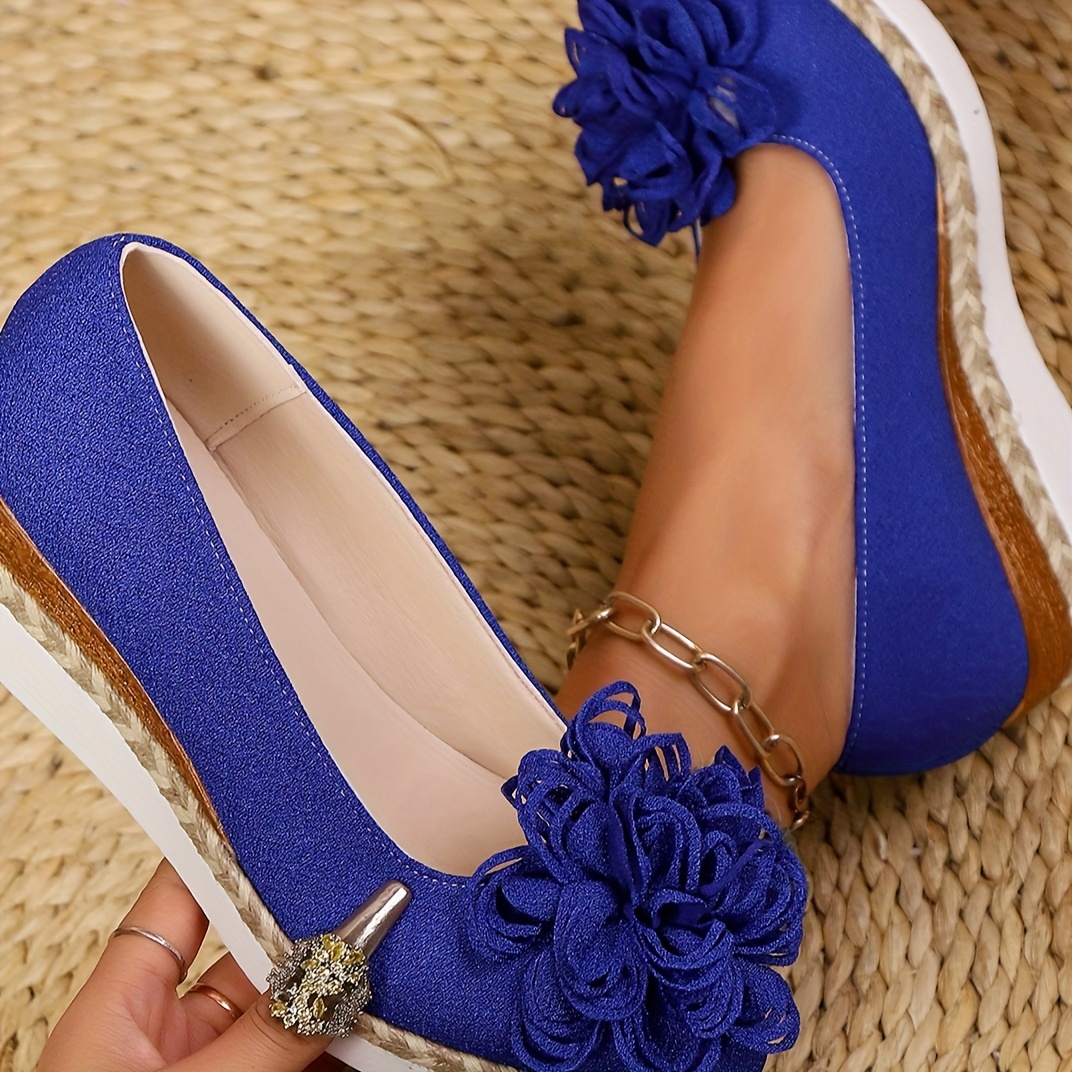 Women's Beige Espadrille Wedge Shoes with Floral Accent - Non-Slip, Lightweight PU Sole, Comfortable PVC Inner Lining, Fashionable Pointed Toe Design, Cute Shoes