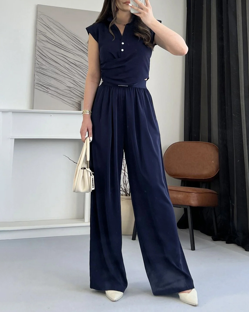 Solid Commuter Lappel Top & Pants Two-Piece Set
