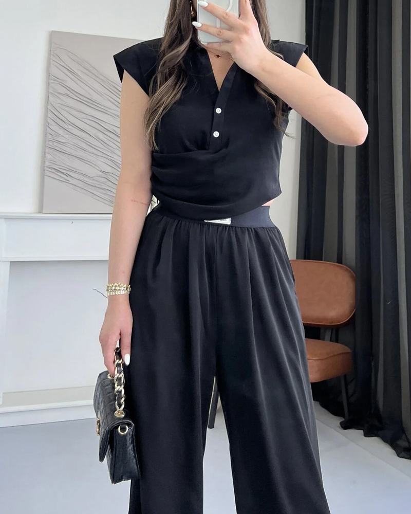 Solid Commuter Lappel Top & Pants Two-Piece Set
