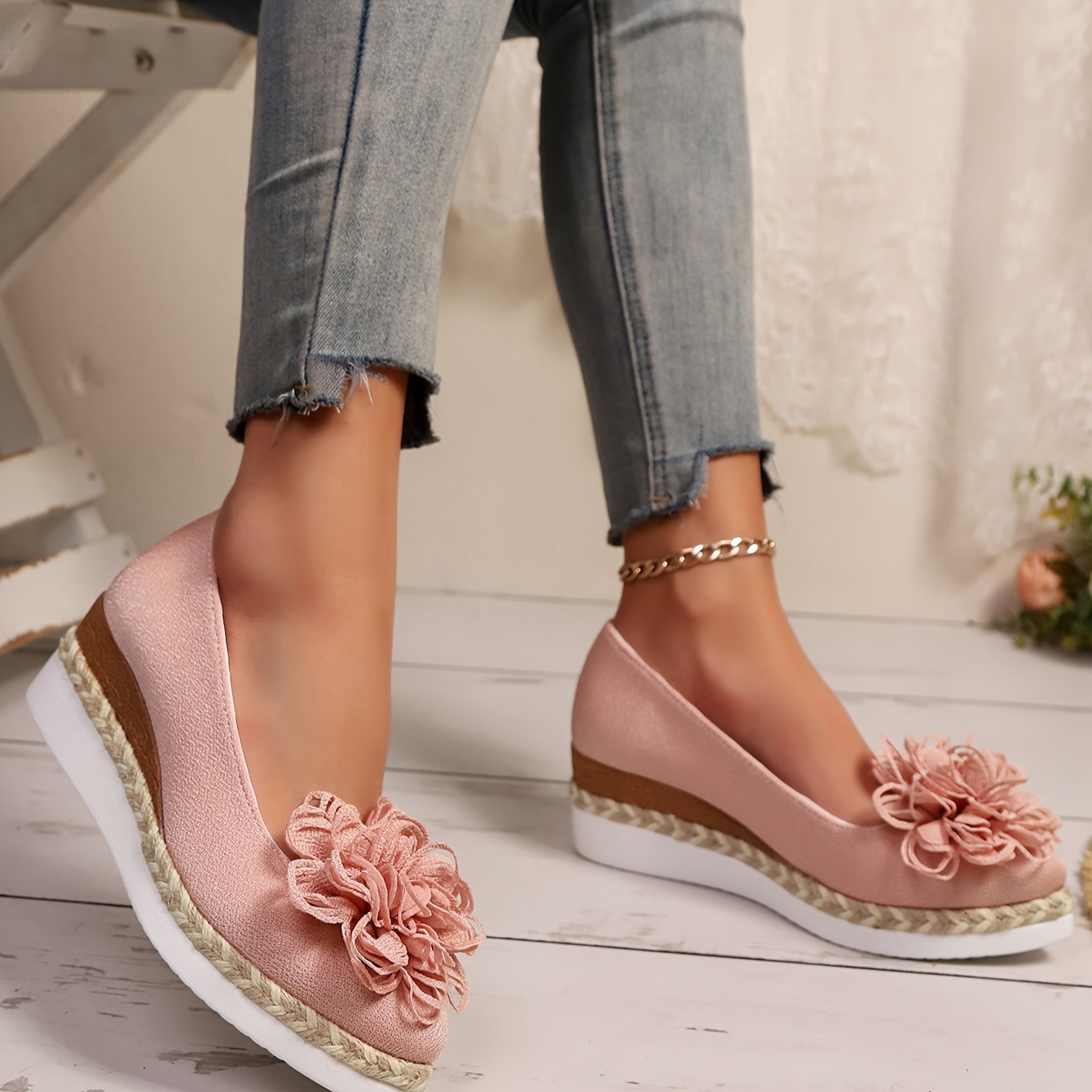 Women's Beige Espadrille Wedge Shoes with Floral Accent - Non-Slip, Lightweight PU Sole, Comfortable PVC Inner Lining, Fashionable Pointed Toe Design, Cute Shoes