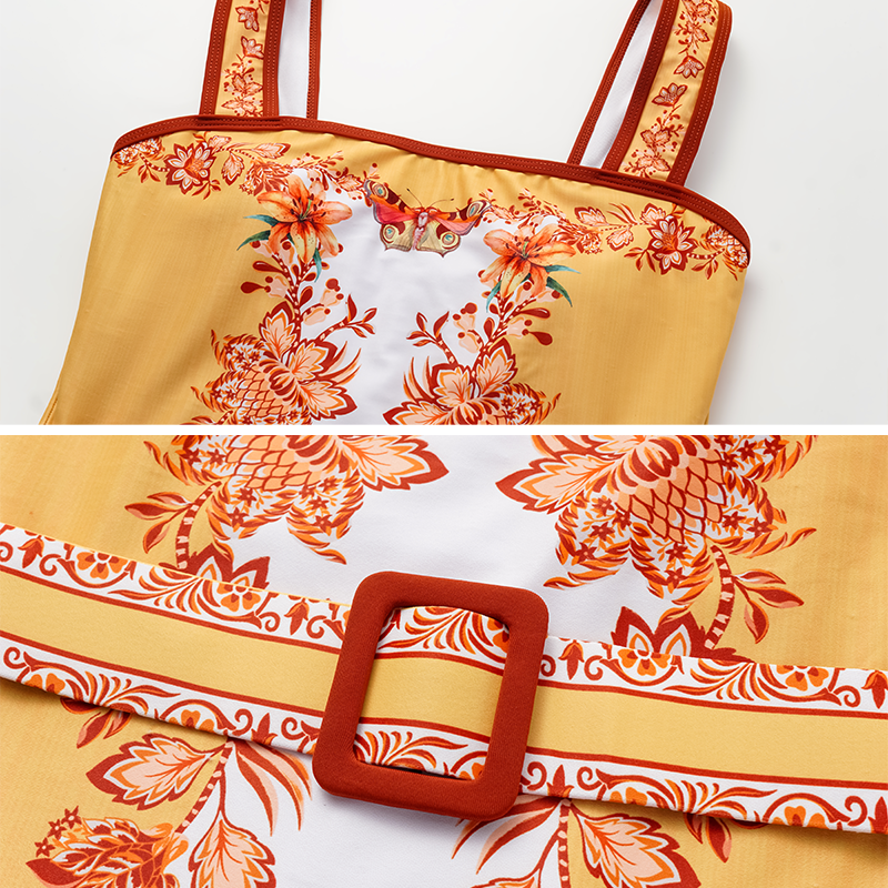 Sling Creative Flower Butterfly Lily Print One Piece Swimsuit and Sarong or Pants