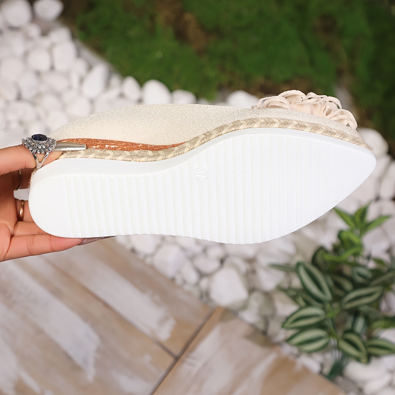 Women's Beige Espadrille Wedge Shoes with Floral Accent - Non-Slip, Lightweight PU Sole, Comfortable PVC Inner Lining, Fashionable Pointed Toe Design, Cute Shoes