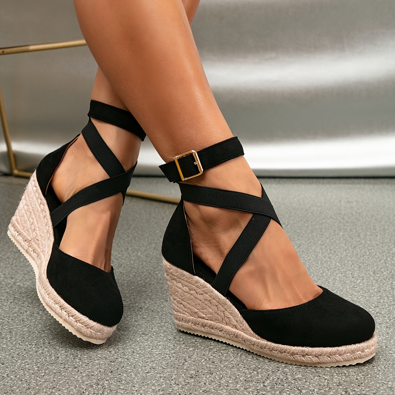 Women's Comfortable Black Platform Wedge Sandals - Round Toe, Crisscross Ankle Straps, High Heels for Summer Beach Fashion