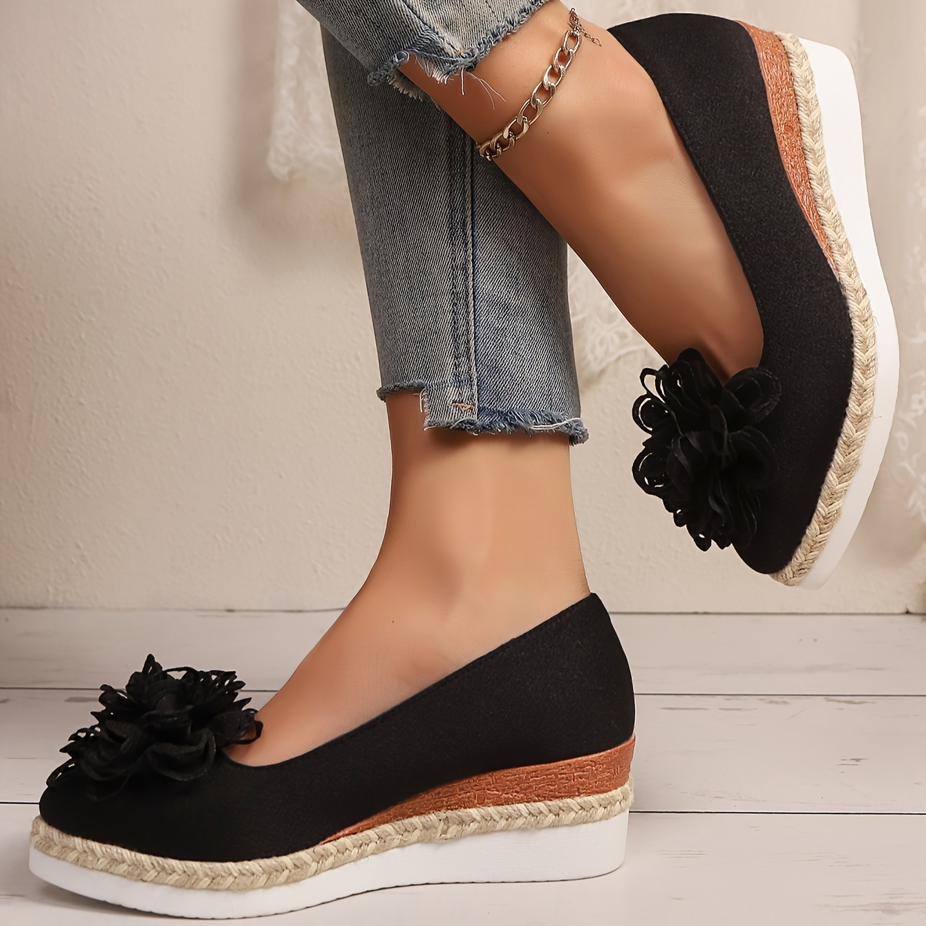 Women's Beige Espadrille Wedge Shoes with Floral Accent - Non-Slip, Lightweight PU Sole, Comfortable PVC Inner Lining, Fashionable Pointed Toe Design, Cute Shoes