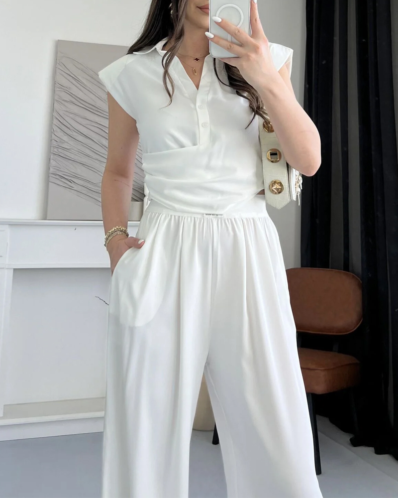 Solid Commuter Lappel Top & Pants Two-Piece Set