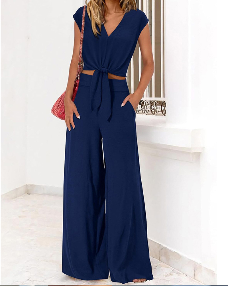 V-Neck Lace-Up Wide-Leg Pants Set