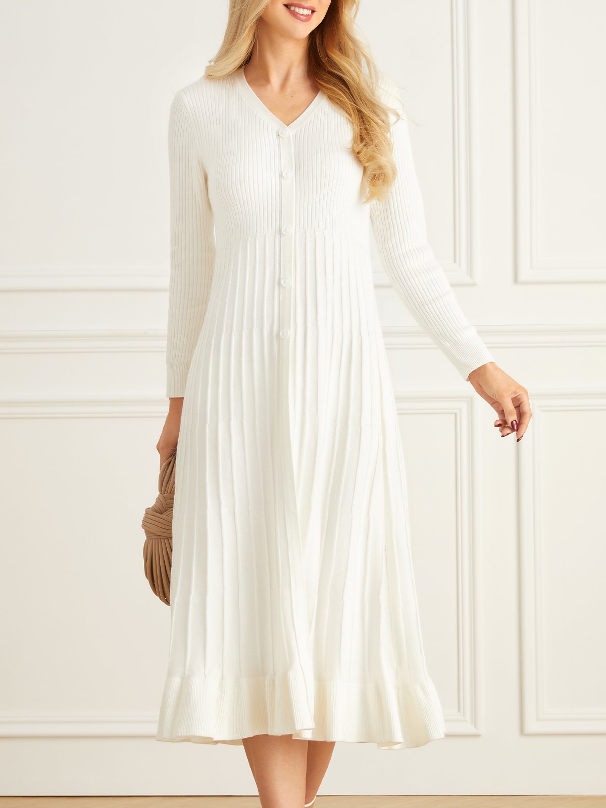 Elegant Plain Long Sleeve Buttoned Pleated Sweater Dress
