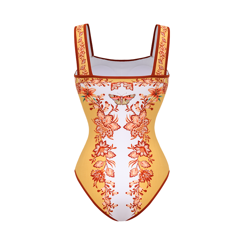 Sling Creative Flower Butterfly Lily Print One Piece Swimsuit and Sarong or Pants