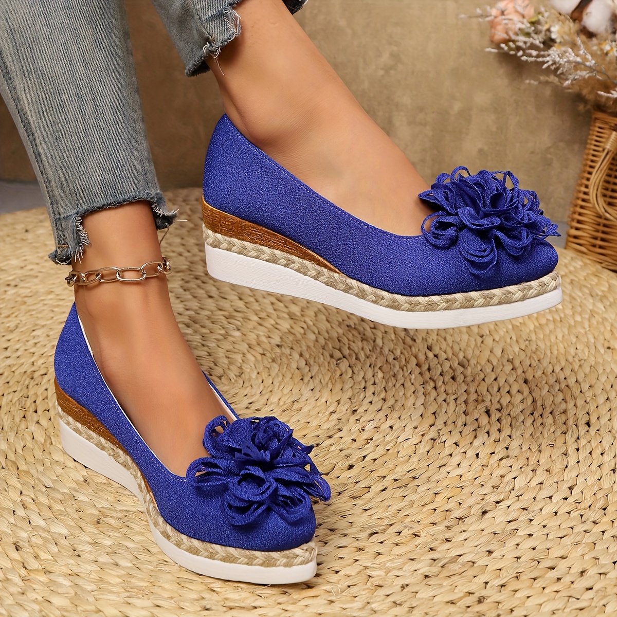 Women's Beige Espadrille Wedge Shoes with Floral Accent - Non-Slip, Lightweight PU Sole, Comfortable PVC Inner Lining, Fashionable Pointed Toe Design, Cute Shoes