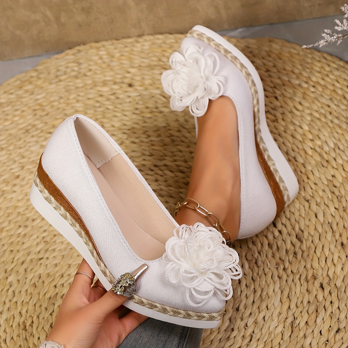 Women's Beige Espadrille Wedge Shoes with Floral Accent - Non-Slip, Lightweight PU Sole, Comfortable PVC Inner Lining, Fashionable Pointed Toe Design, Cute Shoes