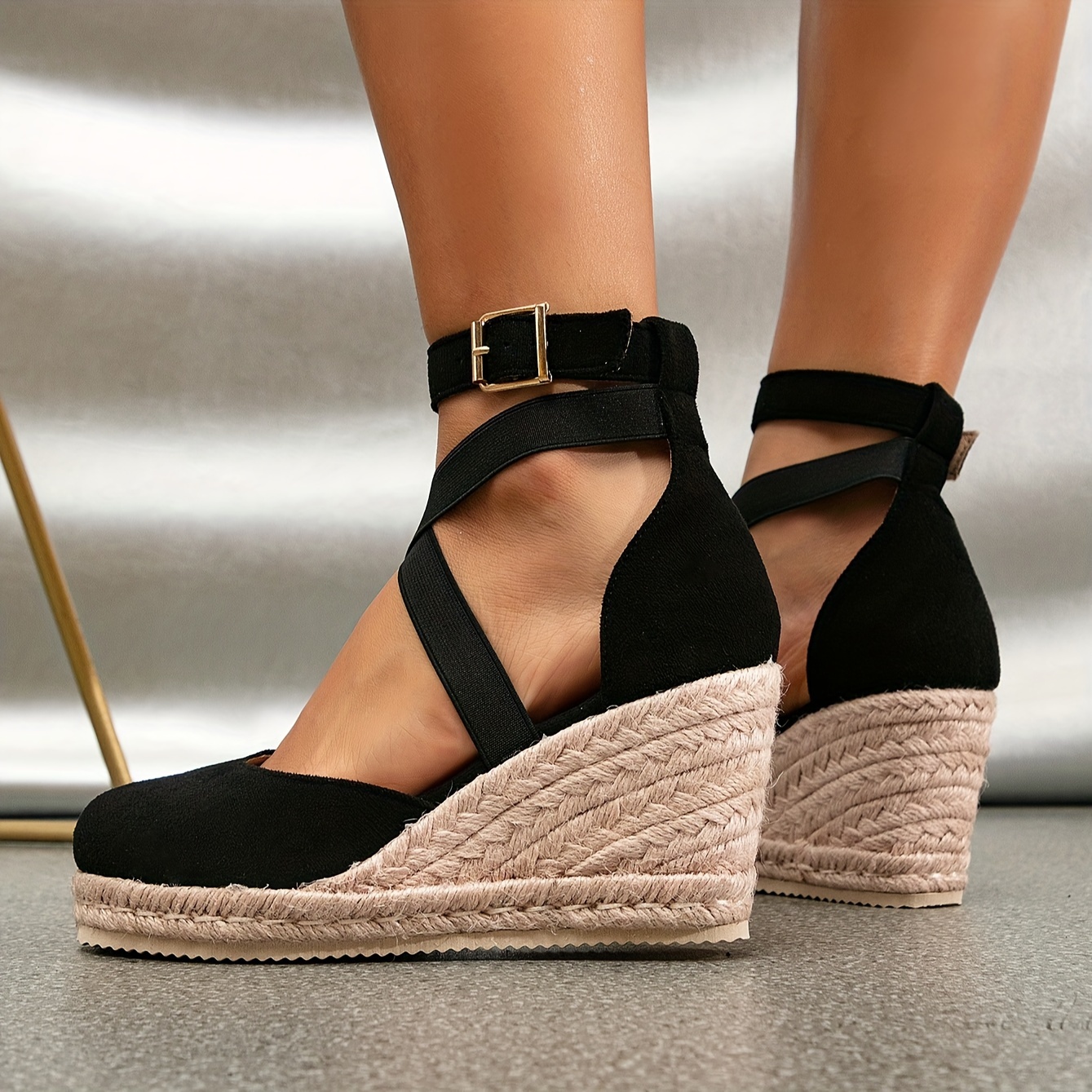Women's Comfortable Black Platform Wedge Sandals - Round Toe, Crisscross Ankle Straps, High Heels for Summer Beach Fashion