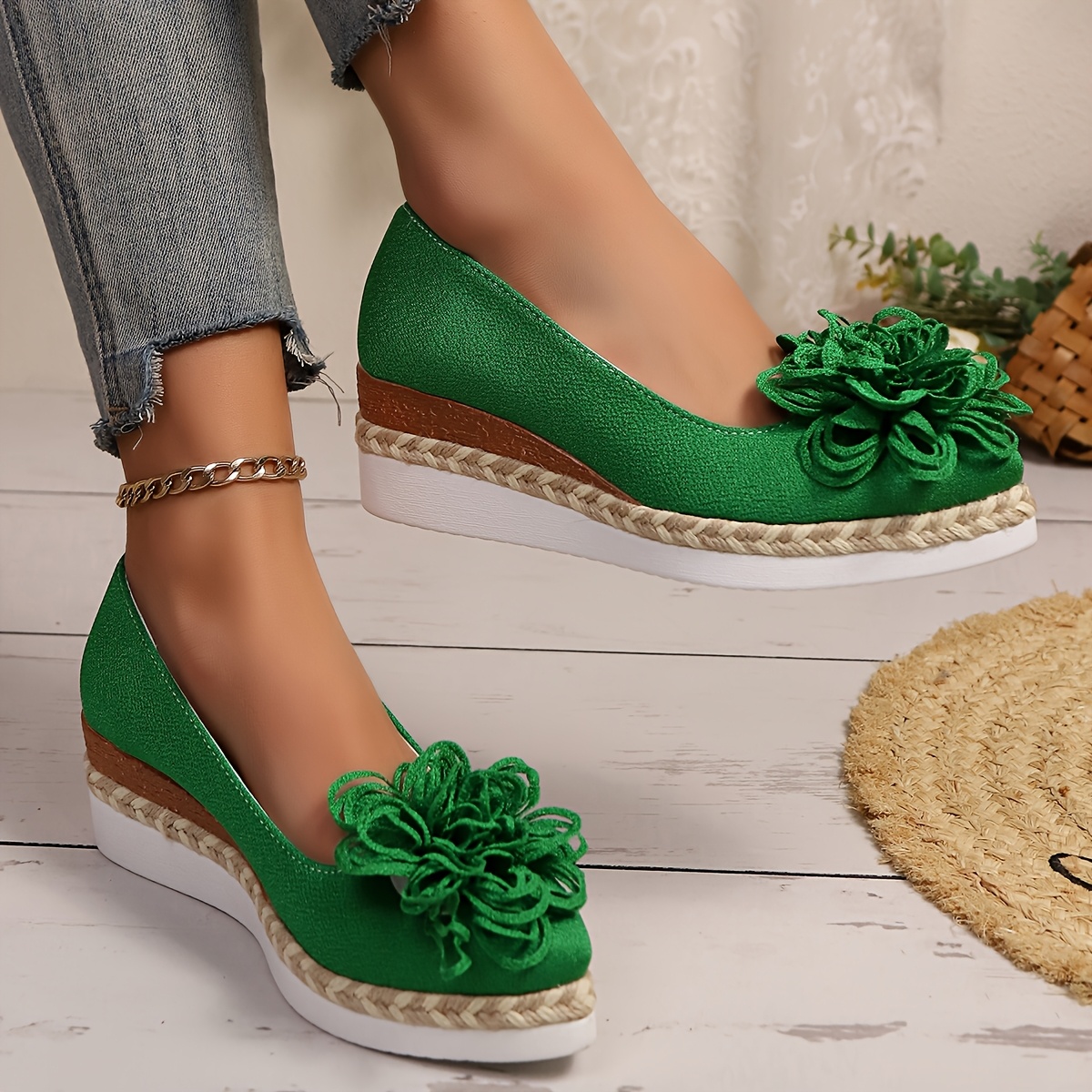 Women's Beige Espadrille Wedge Shoes with Floral Accent - Non-Slip, Lightweight PU Sole, Comfortable PVC Inner Lining, Fashionable Pointed Toe Design, Cute Shoes