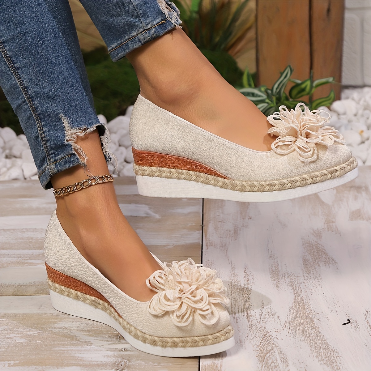 Women's Beige Espadrille Wedge Shoes with Floral Accent - Non-Slip, Lightweight PU Sole, Comfortable PVC Inner Lining, Fashionable Pointed Toe Design, Cute Shoes