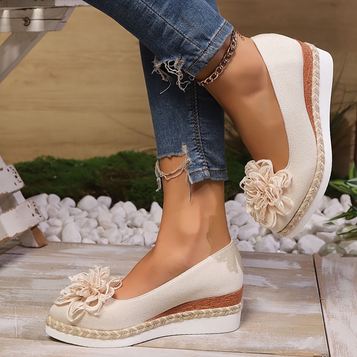 Women's Beige Espadrille Wedge Shoes with Floral Accent - Non-Slip, Lightweight PU Sole, Comfortable PVC Inner Lining, Fashionable Pointed Toe Design, Cute Shoes