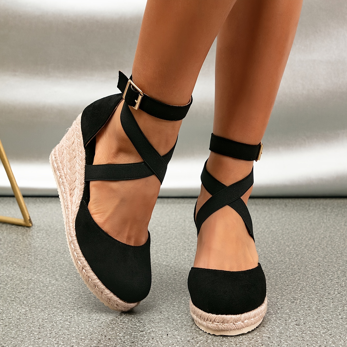 Women's Comfortable Black Platform Wedge Sandals - Round Toe, Crisscross Ankle Straps, High Heels for Summer Beach Fashion