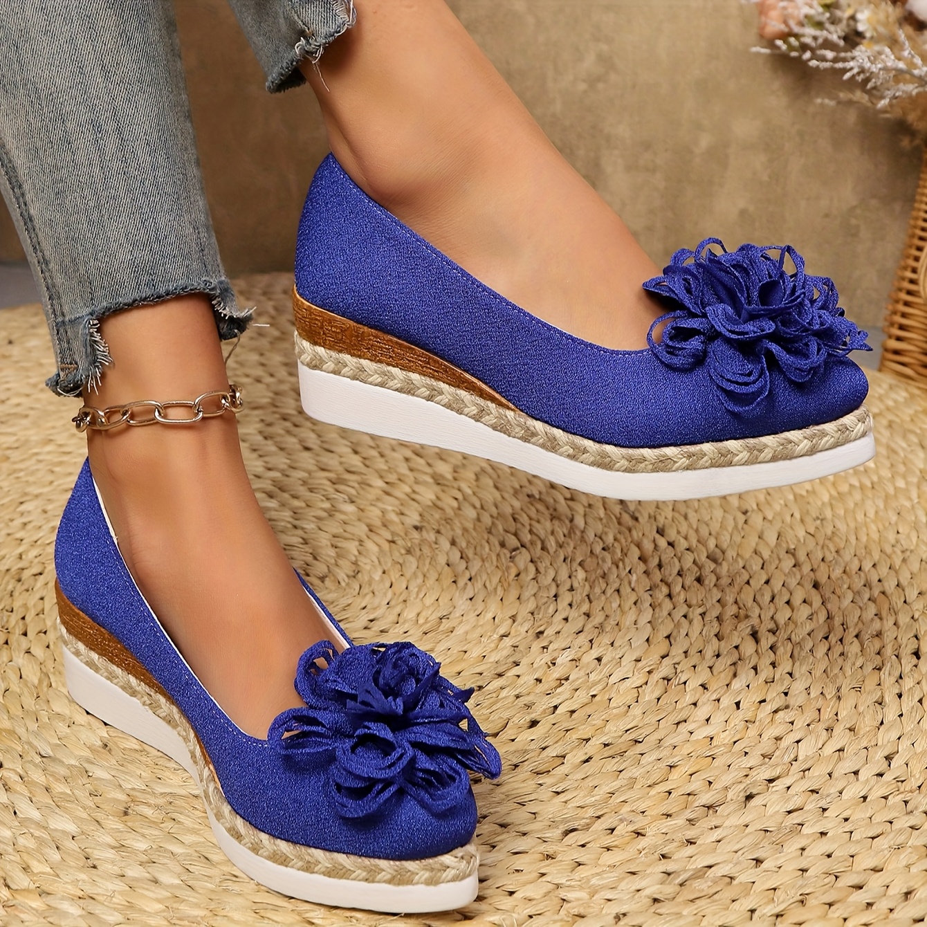 Women's Beige Espadrille Wedge Shoes with Floral Accent - Non-Slip, Lightweight PU Sole, Comfortable PVC Inner Lining, Fashionable Pointed Toe Design, Cute Shoes